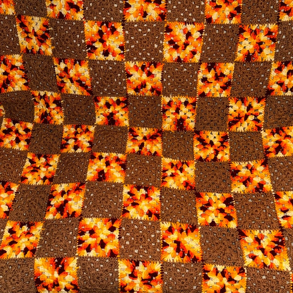 Vintage 70’s Handmade Granny Square Crochet Afghan Throw Sunrise Sunset Colors